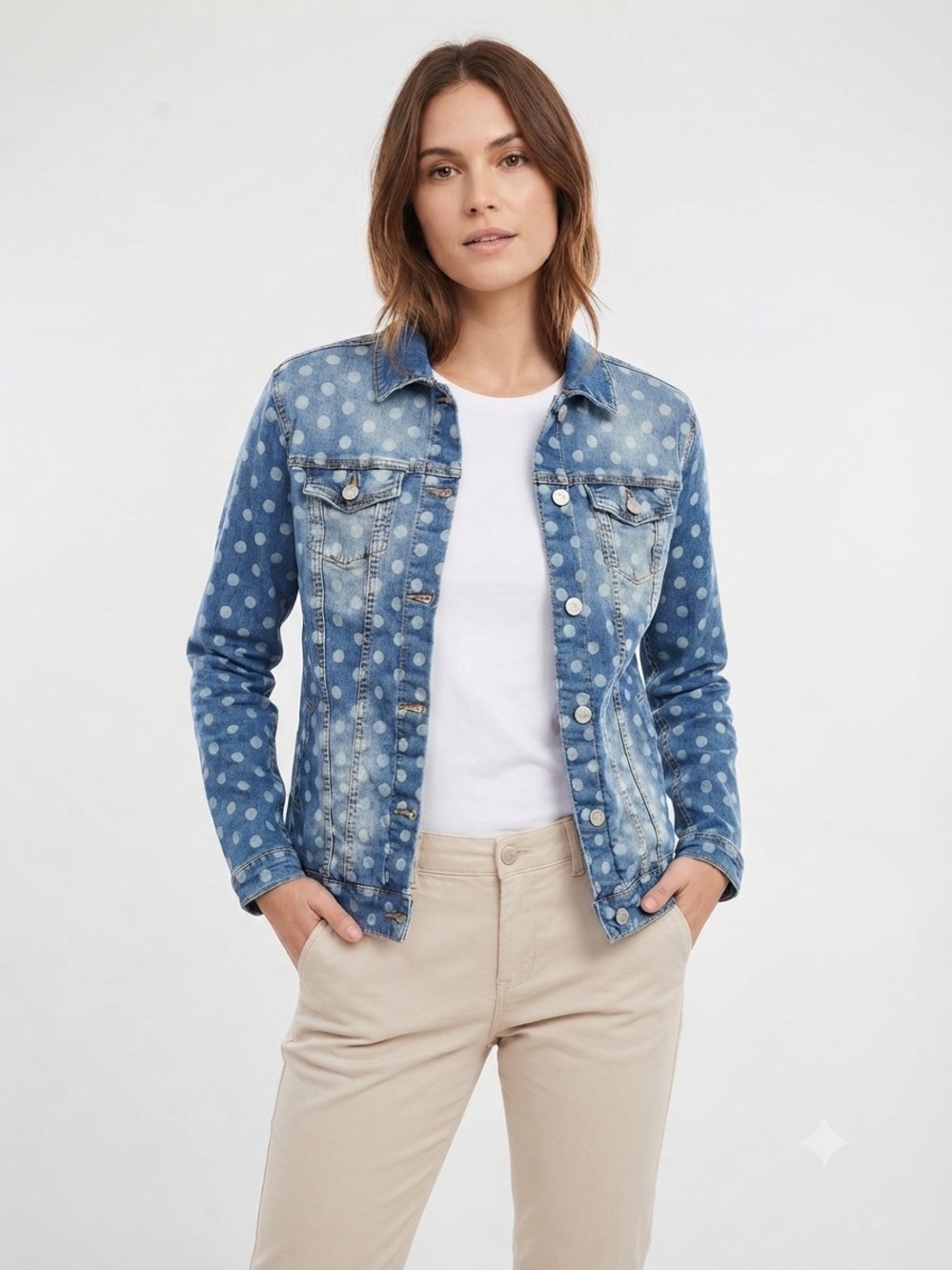 LuLaRoe Women Denim Jacket Size Small Blue Polka Dot Jean Long Sleeve